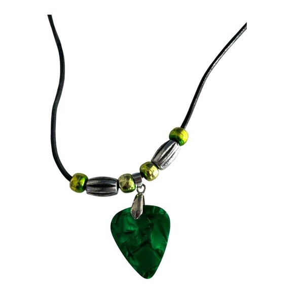 Handmade Fender Guitar Pick Necklace – Green Medium Pick with Beads on Black Cor - Picture 2 of 4